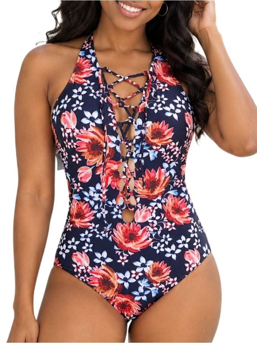 Cupshe Size Small Swimsuit One Piece Halter Floral Lace Up Beach Ready Fun